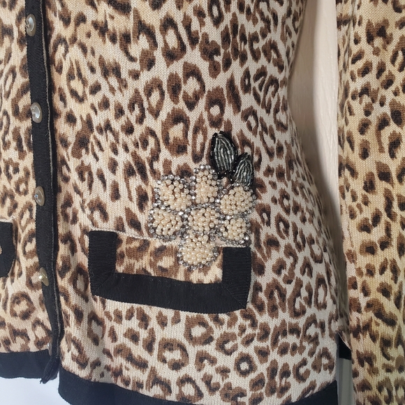 Charlotte Tarantola Leopard Print Embellished Cardigan Sweater Silk Angora Small - Picture 2 of 11